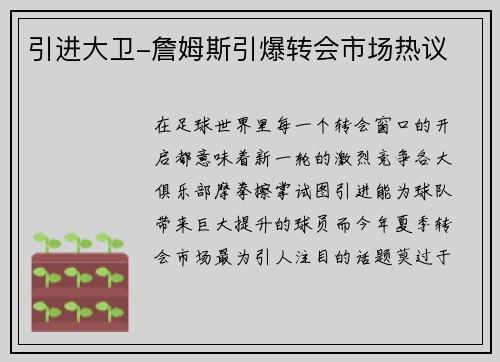 引进大卫-詹姆斯引爆转会市场热议