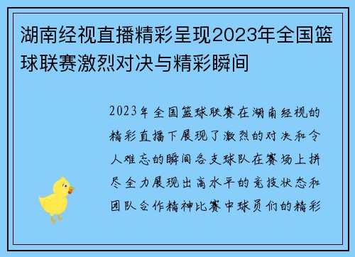 湖南经视直播精彩呈现2023年全国篮球联赛激烈对决与精彩瞬间