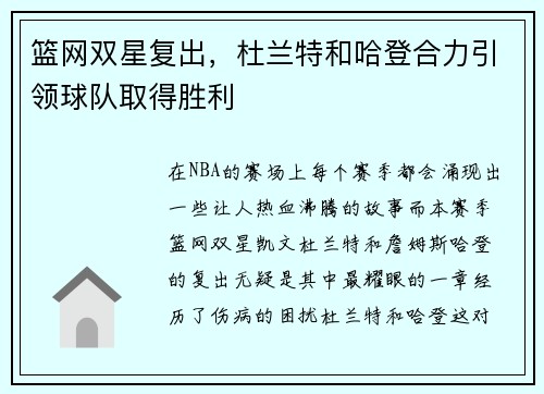 篮网双星复出，杜兰特和哈登合力引领球队取得胜利